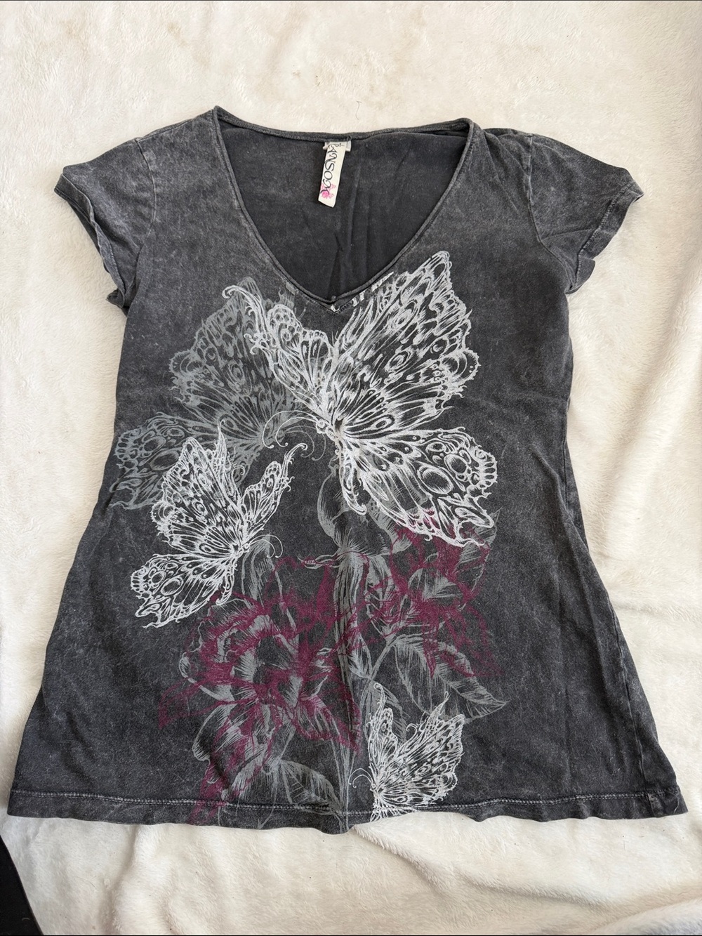 Ransom Black V-Neck Tee with White Butterfly and Pink Floral Graphic